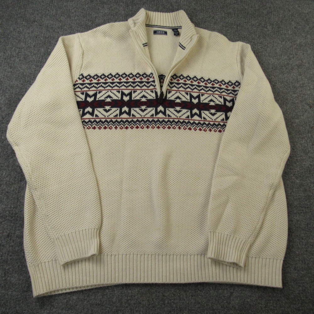 IZOD Sweater Mens XL White 1/4 Zip Mock‎ Neck Fair Isle Pullover Waffle Knit Ski - Picture 2 of 11